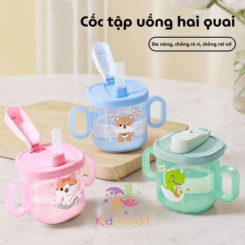 Cốc tập uống cho bé KidsWorld kiểu dáng hoạt hình dung tích 300ml có ống hút và 2 tay cầm có thể tháo rời