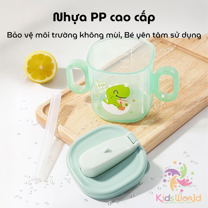 Cốc tập uống cho bé KidsWorld kiểu dáng hoạt hình dung tích 300ml có ống hút và 2 tay cầm có thể tháo rời