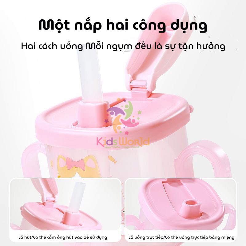 Cốc tập uống cho bé KidsWorld kiểu dáng hoạt hình dung tích 300ml có ống hút và 2 tay cầm có thể tháo rời