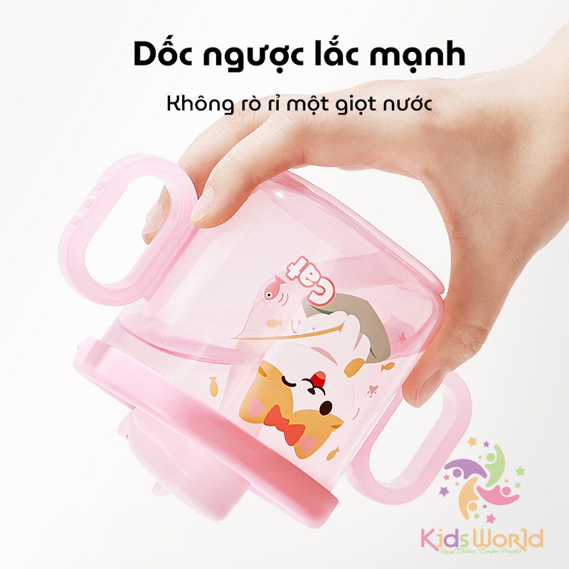Cốc tập uống cho bé KidsWorld kiểu dáng hoạt hình dung tích 300ml có ống hút và 2 tay cầm có thể tháo rời