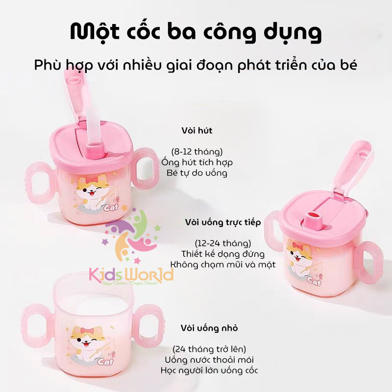 Cốc tập uống cho bé KidsWorld kiểu dáng hoạt hình dung tích 300ml có ống hút và 2 tay cầm có thể tháo rời