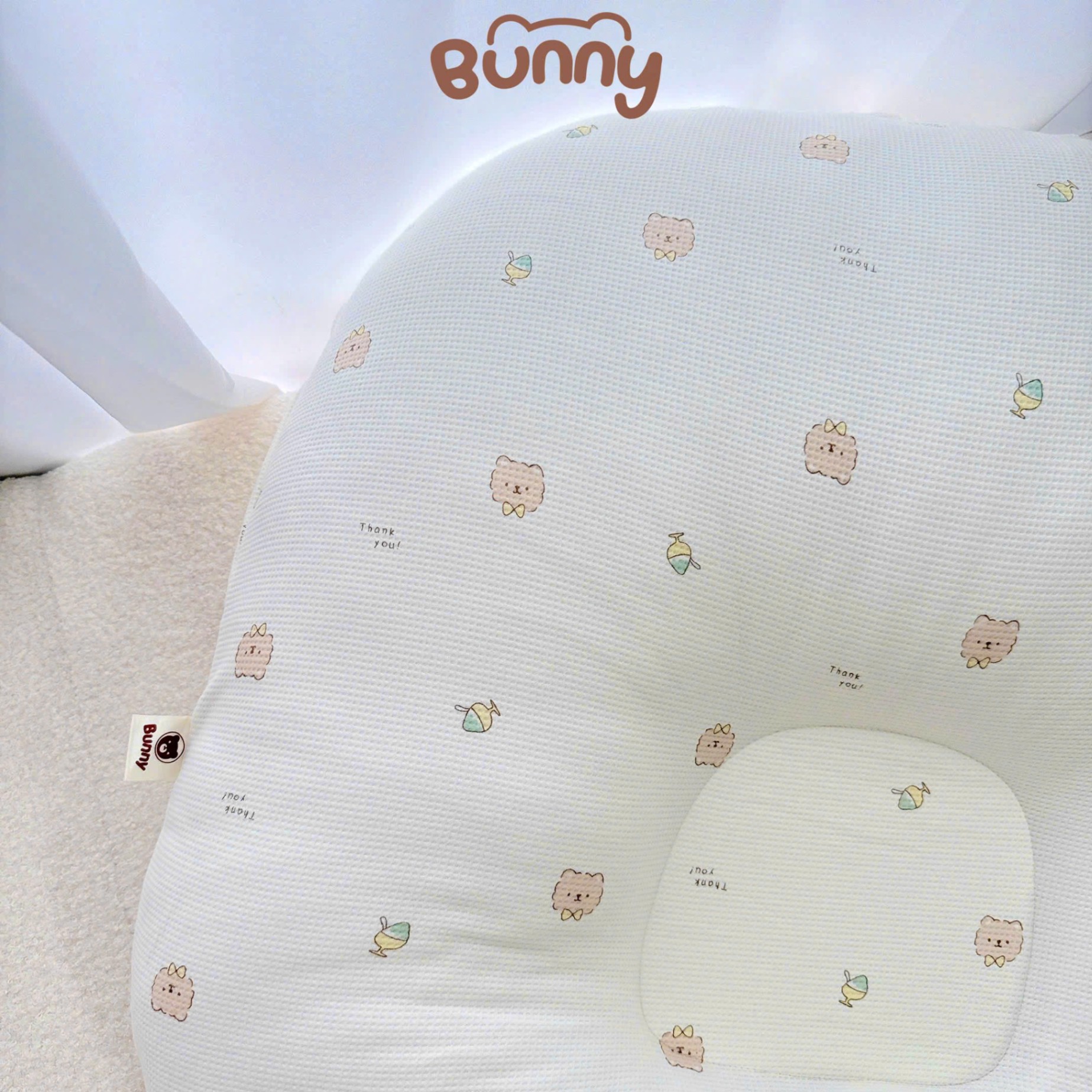 Gối chống trào ngược cho bé Bunny vải Cotton Waffle kiêm đệm ngủ chống trào ngược mềm mại thoáng khí thấm hút mồ hôi