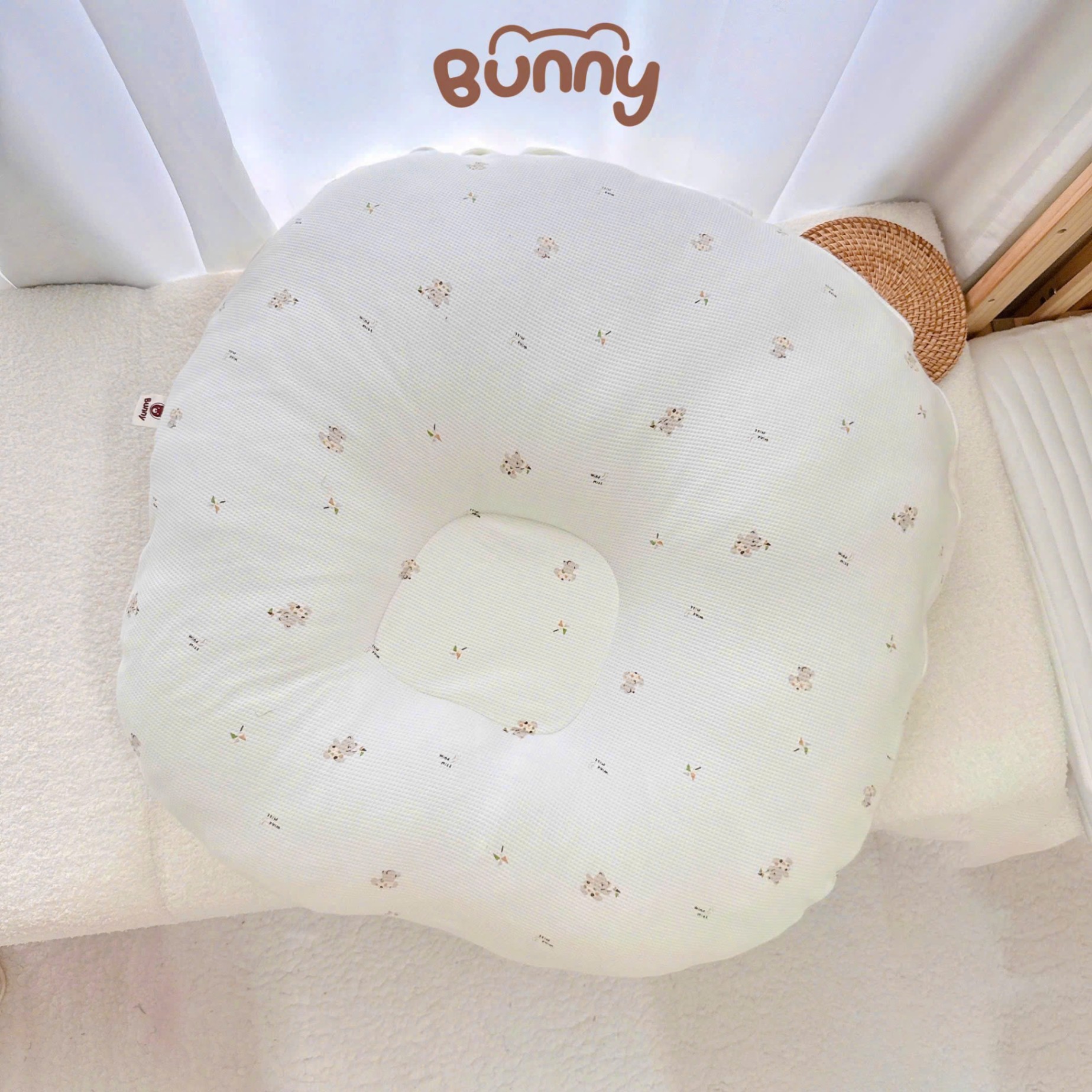 Gối chống trào ngược cho bé Bunny vải Cotton Waffle kiêm đệm ngủ chống trào ngược mềm mại thoáng khí thấm hút mồ hôi