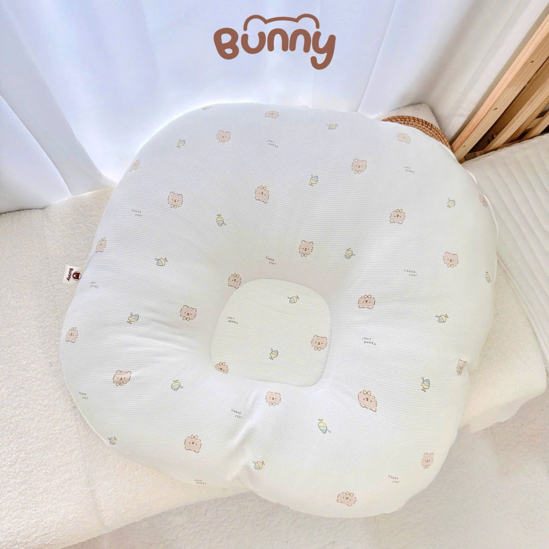 Gối chống trào ngược cho bé Bunny vải Cotton Waffle kiêm đệm ngủ chống trào ngược mềm mại thoáng khí thấm hút mồ hôi