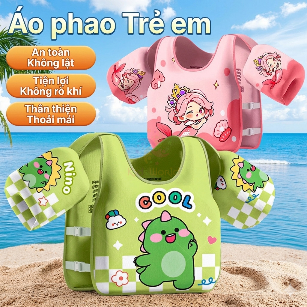 Áo phao tập bơi cho bé cao cấp không cần bơm hơi, siêu nhẹ an toàn tuyệt đối, thiết kế chống lật thông minh