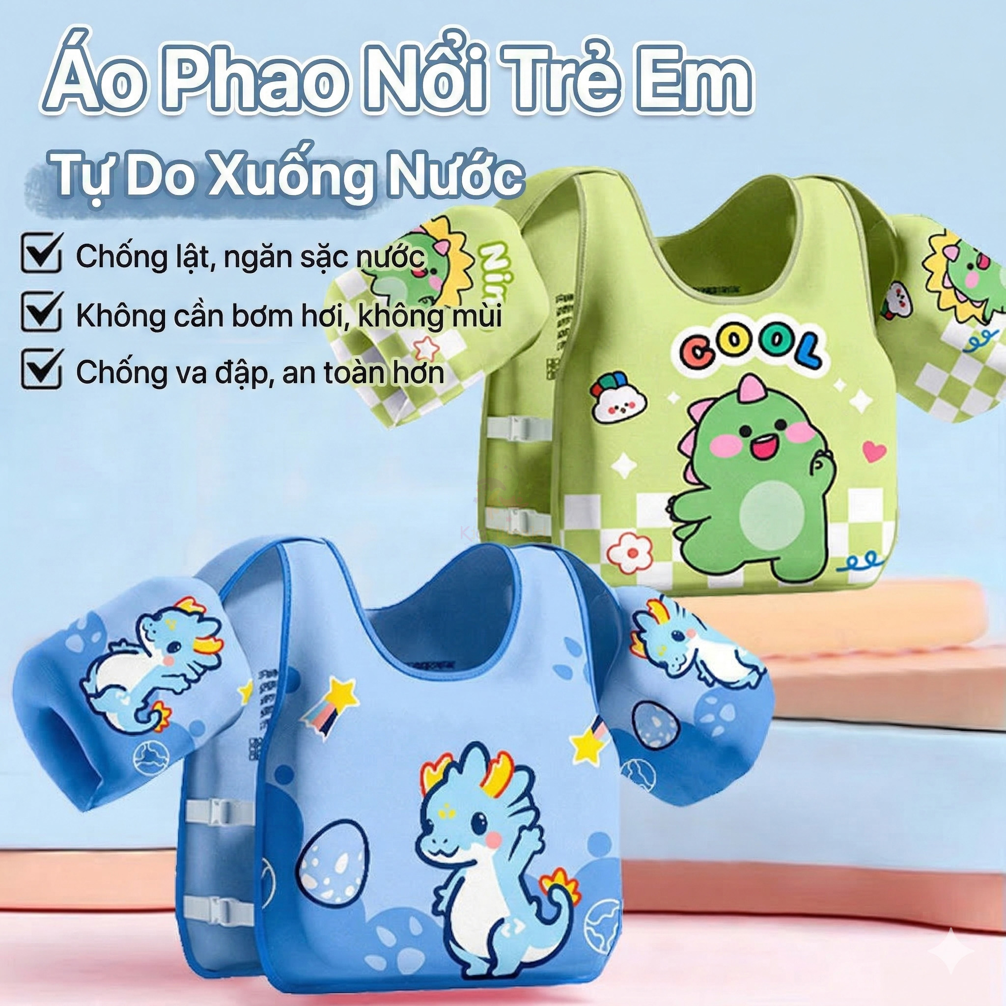 Áo phao tập bơi cho bé cao cấp không cần bơm hơi, siêu nhẹ an toàn tuyệt đối, thiết kế chống lật thông minh