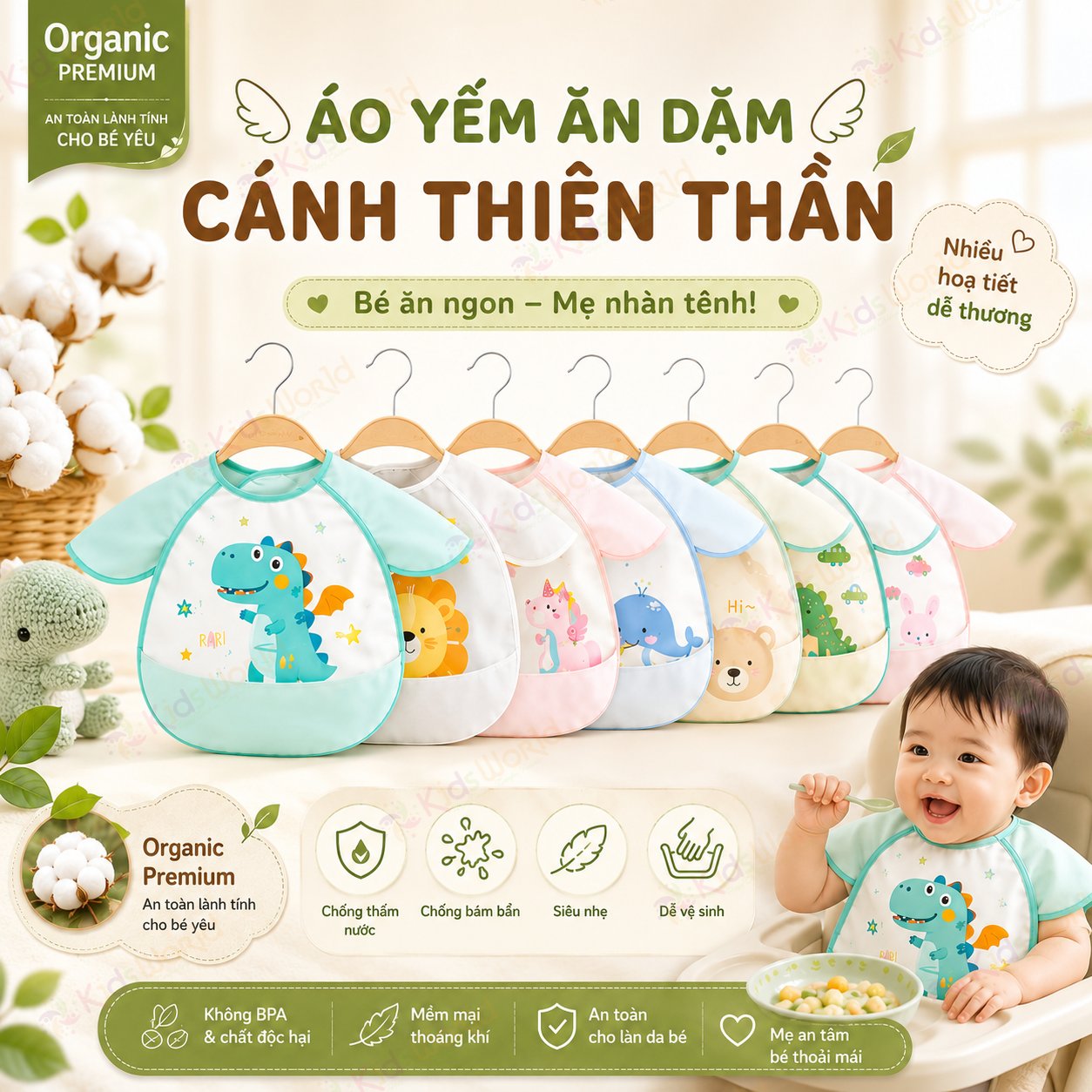 Áo yếm ăn dặm cho bé thiết kế cánh thiên thần chống thấm nước chống bám bẩn siêu nhẹ dễ vệ sinh