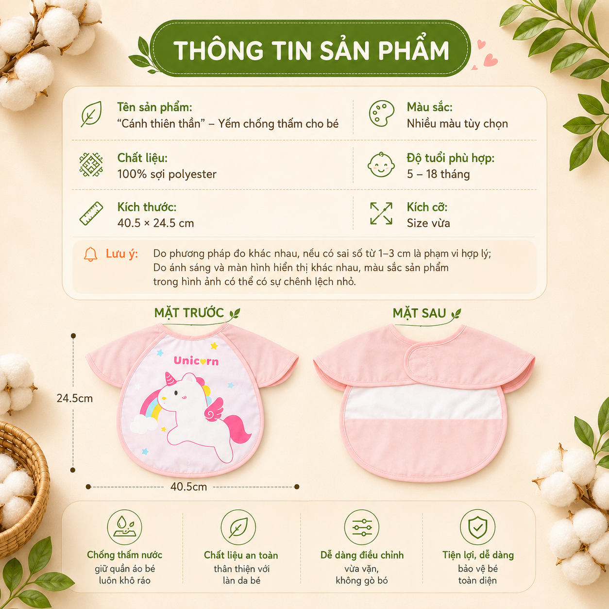 Áo yếm ăn dặm cho bé thiết kế cánh thiên thần chống thấm nước chống bám bẩn siêu nhẹ dễ vệ sinh