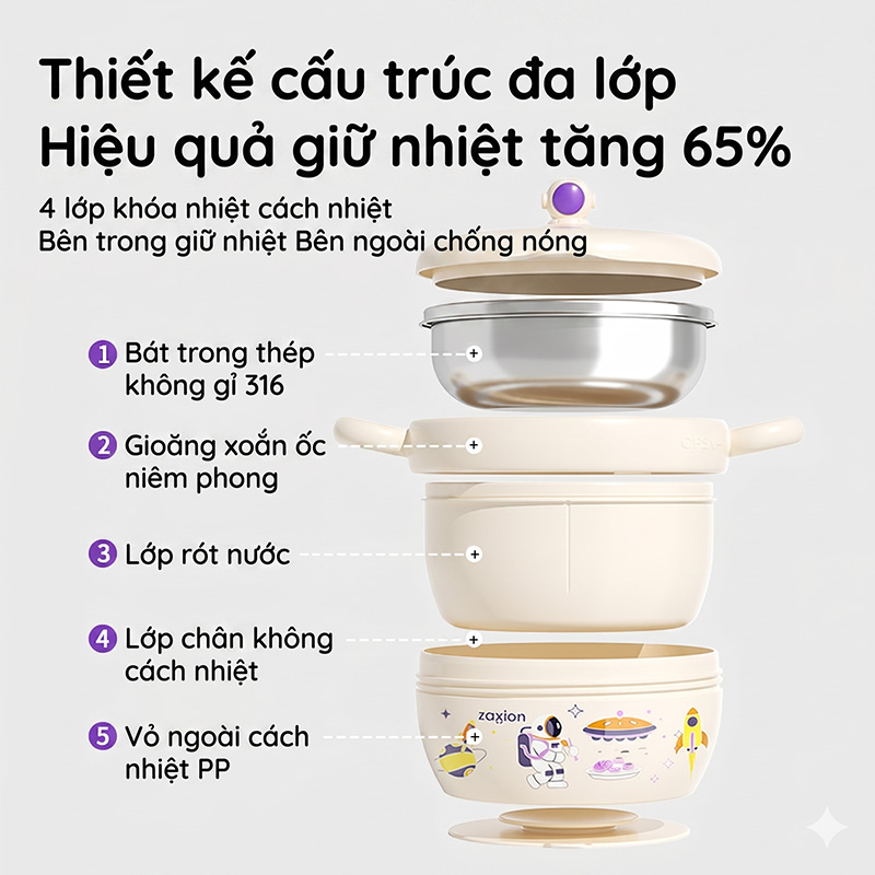 Bát ăn dặm cho bé giữ nhiệt Zaxion phiên bản phi hành gia inox 316 cao cấp