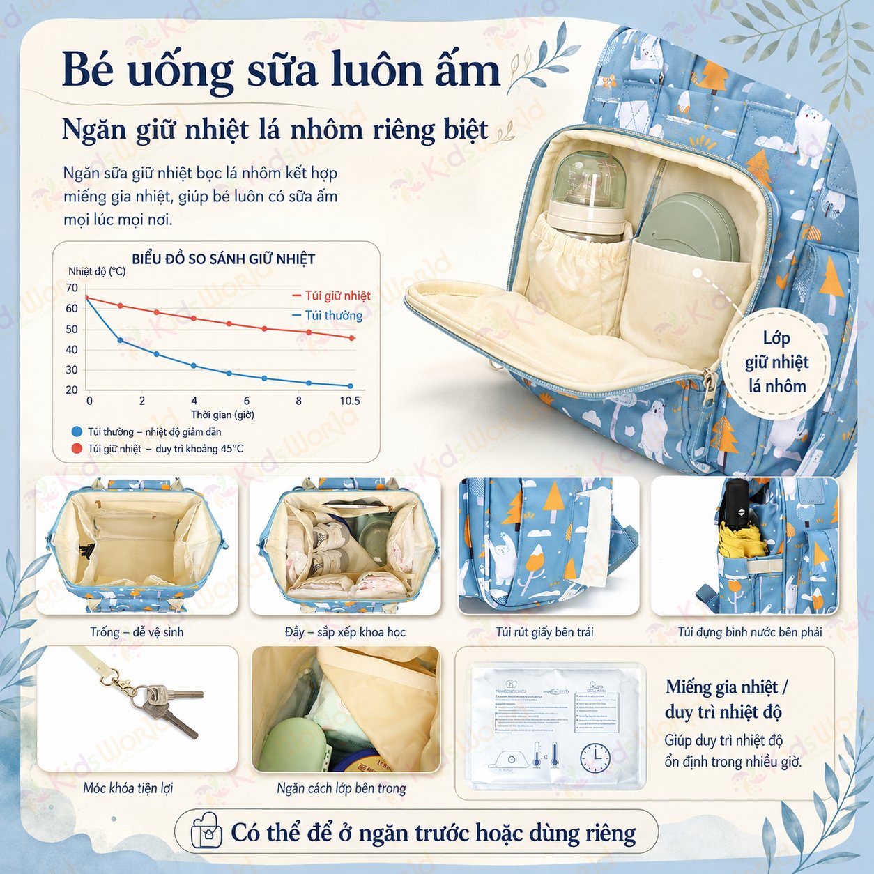Balo đựng đồ bỉm sữa cho mẹ và bé Care Free Fox đa năng dung tích lớn, chống thấm, giữ nhiệt bình sữa, nhiều ngăn, cổng sạc USB