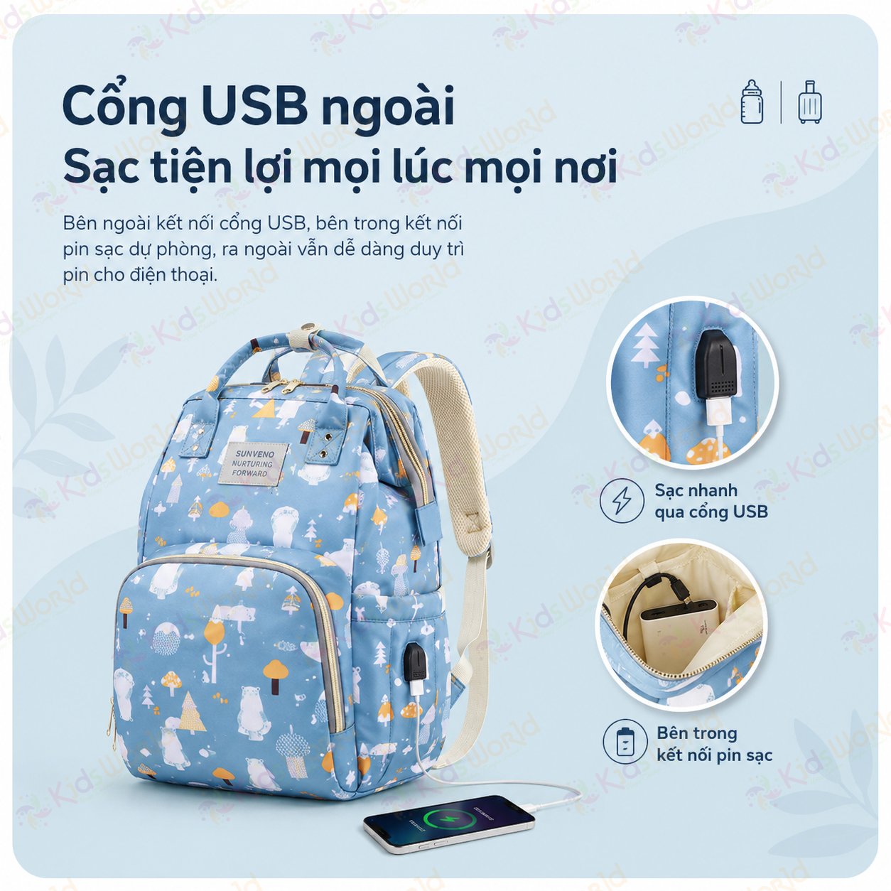 Balo đựng đồ bỉm sữa cho mẹ và bé Care Free Fox đa năng dung tích lớn, chống thấm, giữ nhiệt bình sữa, nhiều ngăn, cổng sạc USB