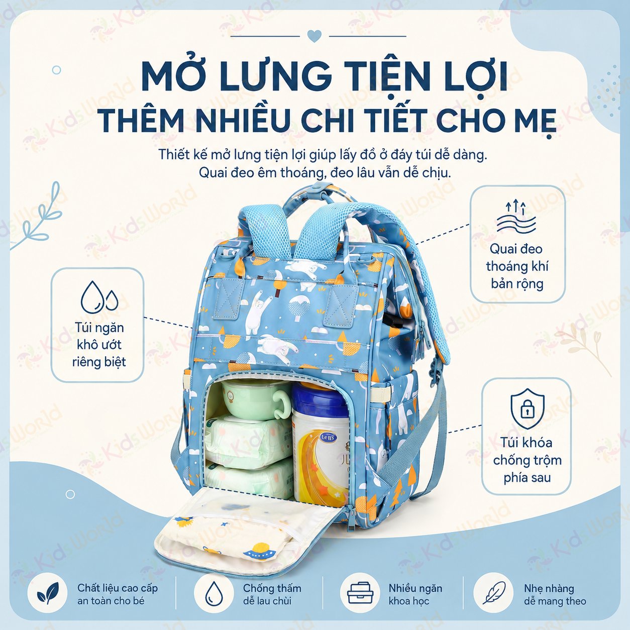 Balo đựng đồ bỉm sữa cho mẹ và bé Care Free Fox đa năng dung tích lớn, chống thấm, giữ nhiệt bình sữa, nhiều ngăn, cổng sạc USB