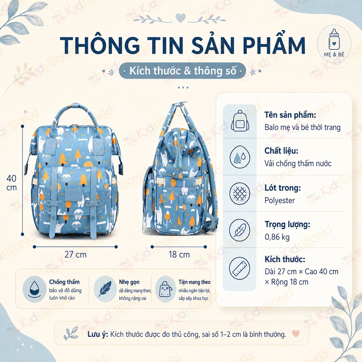 Balo đựng đồ bỉm sữa cho mẹ và bé Care Free Fox đa năng dung tích lớn, chống thấm, giữ nhiệt bình sữa, nhiều ngăn, cổng sạc USB