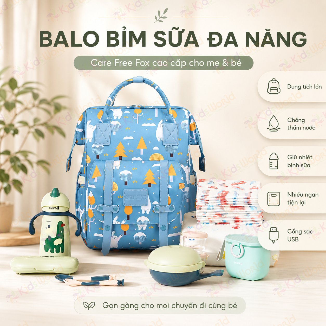 Balo đựng đồ bỉm sữa cho mẹ và bé Care Free Fox đa năng dung tích lớn, chống thấm, giữ nhiệt bình sữa, nhiều ngăn, cổng sạc USB