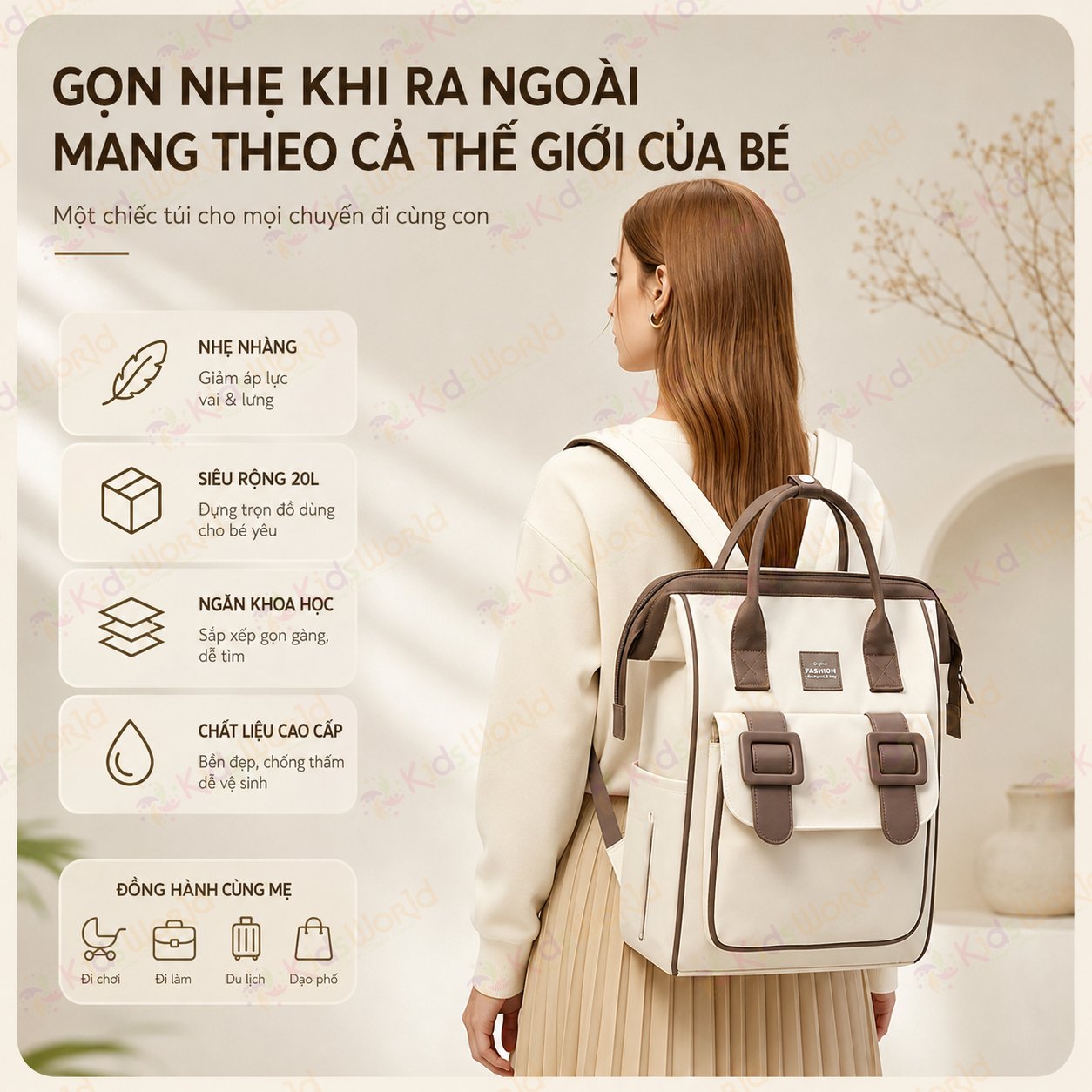 Balo đựng đồ bỉm sữa cho mẹ và bé Fashion dung tích 20L chống thấm nước, nhiều ngăn khoa học, quai đeo êm vai, túi đựng tã phía trước tiện lợi