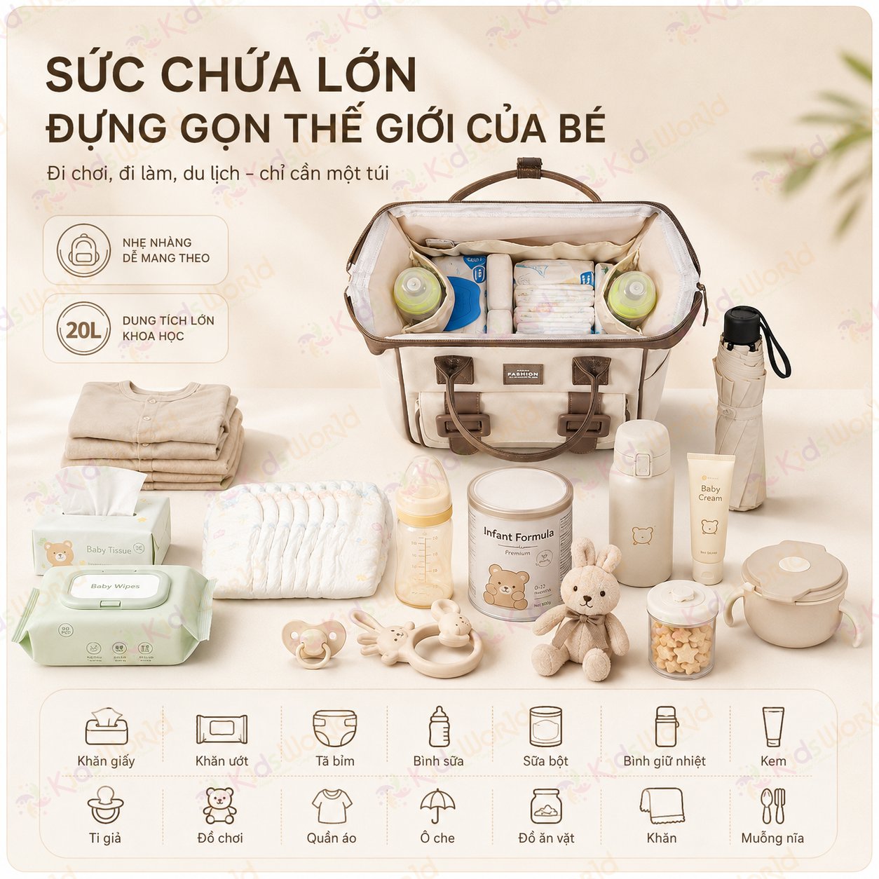 Balo đựng đồ bỉm sữa cho mẹ và bé Fashion dung tích 20L chống thấm nước, nhiều ngăn khoa học, quai đeo êm vai, túi đựng tã phía trước tiện lợi