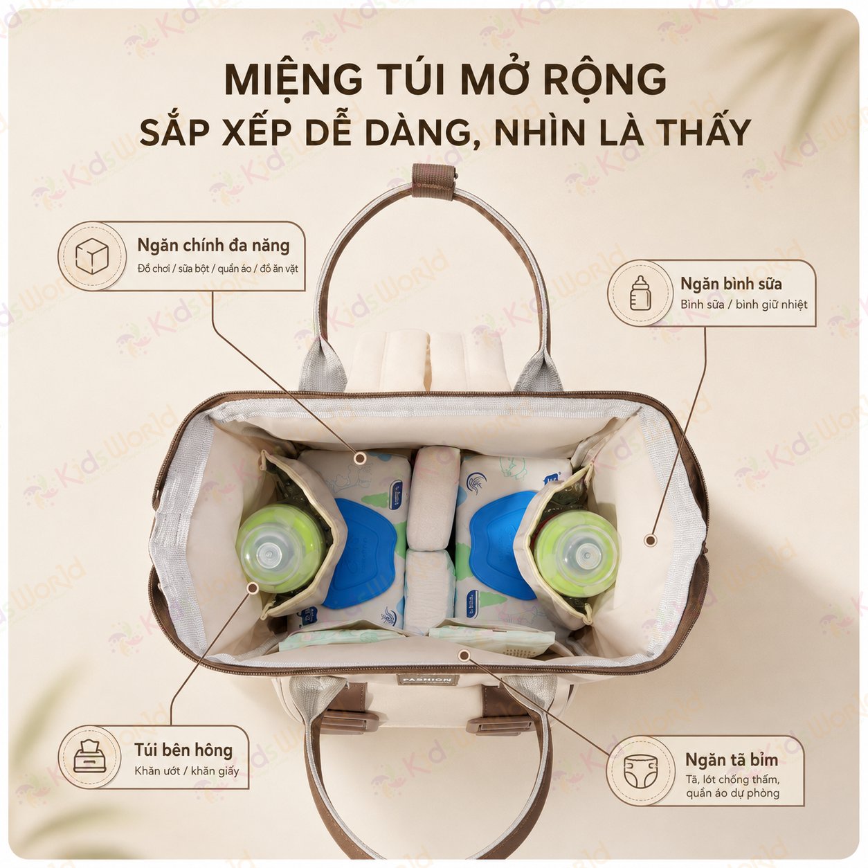 Balo đựng đồ bỉm sữa cho mẹ và bé Fashion dung tích 20L chống thấm nước, nhiều ngăn khoa học, quai đeo êm vai, túi đựng tã phía trước tiện lợi