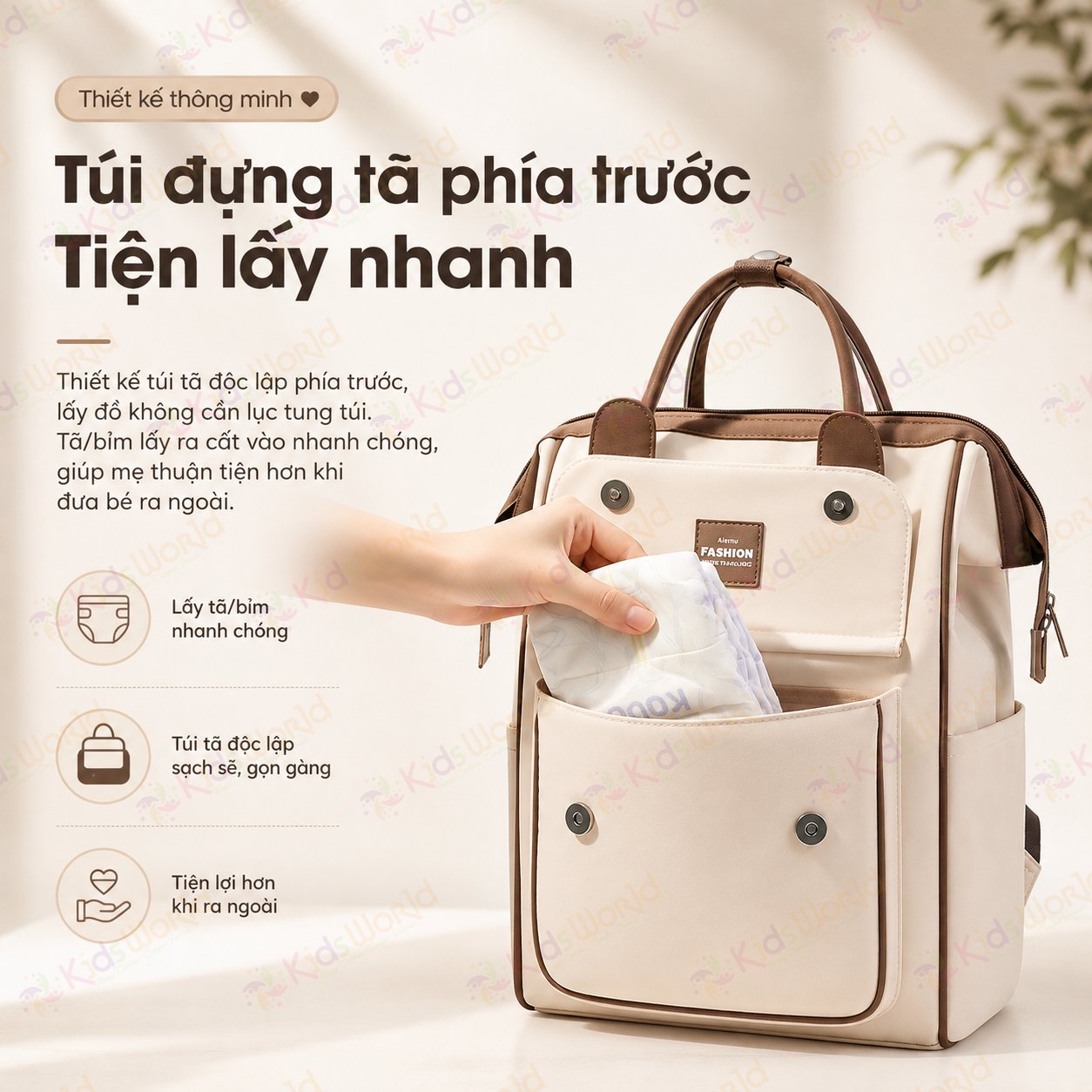 Balo đựng đồ bỉm sữa cho mẹ và bé Fashion dung tích 20L chống thấm nước, nhiều ngăn khoa học, quai đeo êm vai, túi đựng tã phía trước tiện lợi