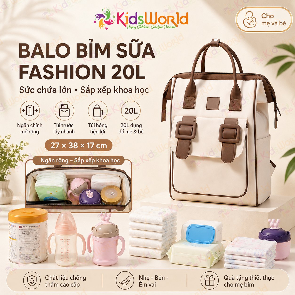 Balo đựng đồ bỉm sữa cho mẹ và bé Fashion dung tích 20L chống thấm nước, nhiều ngăn khoa học, quai đeo êm vai, túi đựng tã phía trước tiện lợi