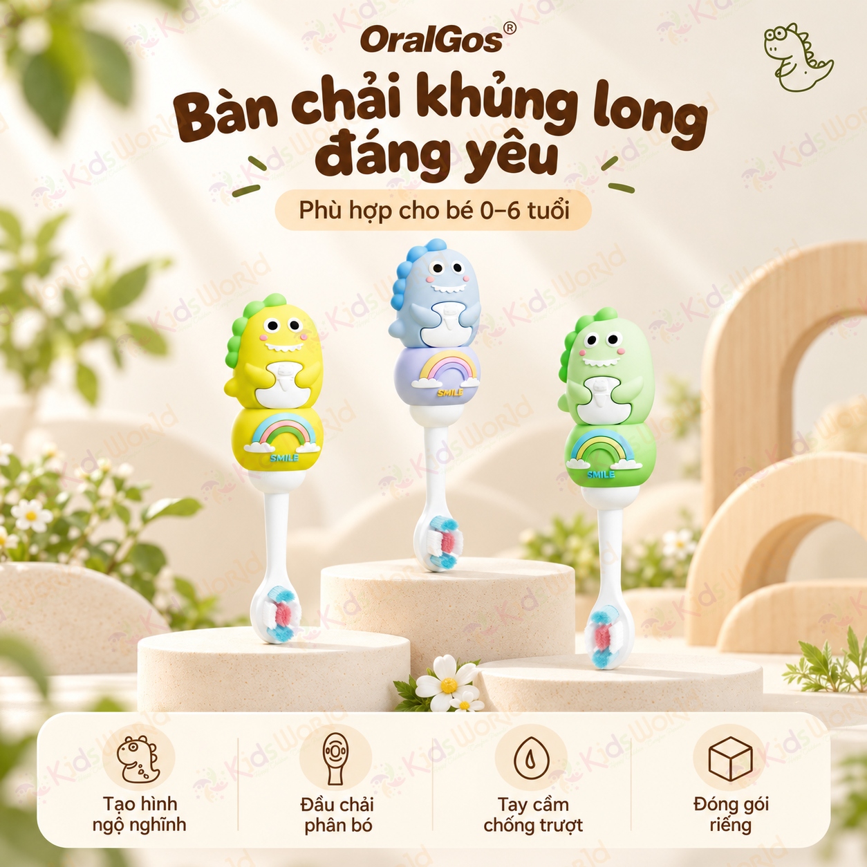 Bàn chải đánh răng cho bé OralGos hình khủng long 0–6 tuổi, lông pbt siêu mềm 0.12mm, tay cầm chống trượt