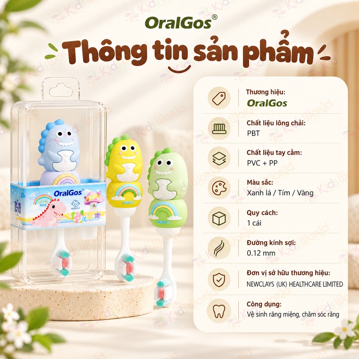 Bàn chải đánh răng cho bé OralGos hình khủng long 0–6 tuổi, lông pbt siêu mềm 0.12mm, tay cầm chống trượt