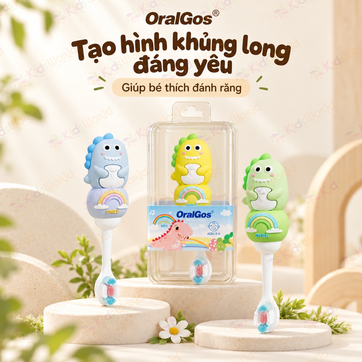 Bàn chải đánh răng cho bé OralGos hình khủng long 0–6 tuổi, lông pbt siêu mềm 0.12mm, tay cầm chống trượt