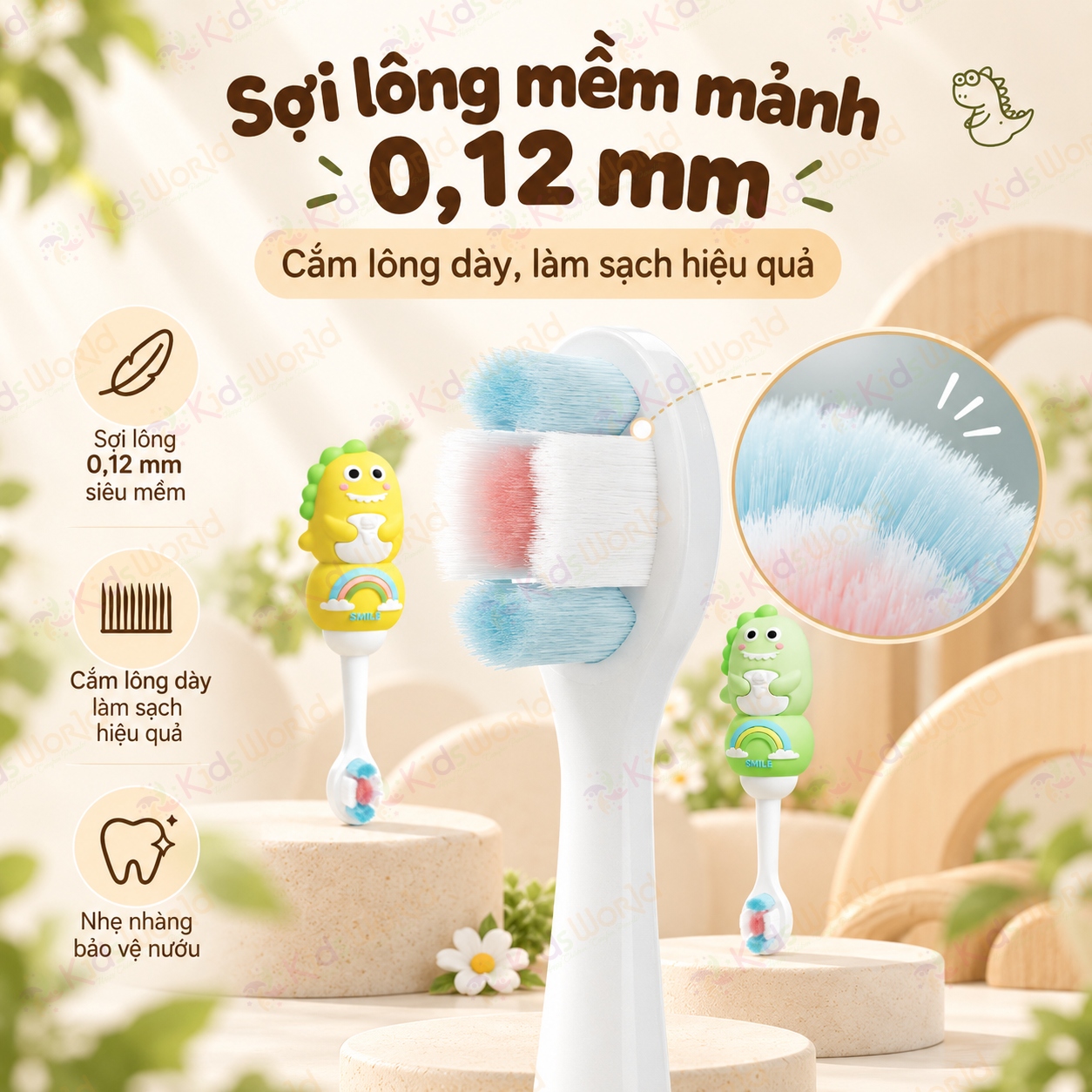 Bàn chải đánh răng cho bé OralGos hình khủng long 0–6 tuổi, lông pbt siêu mềm 0.12mm, tay cầm chống trượt