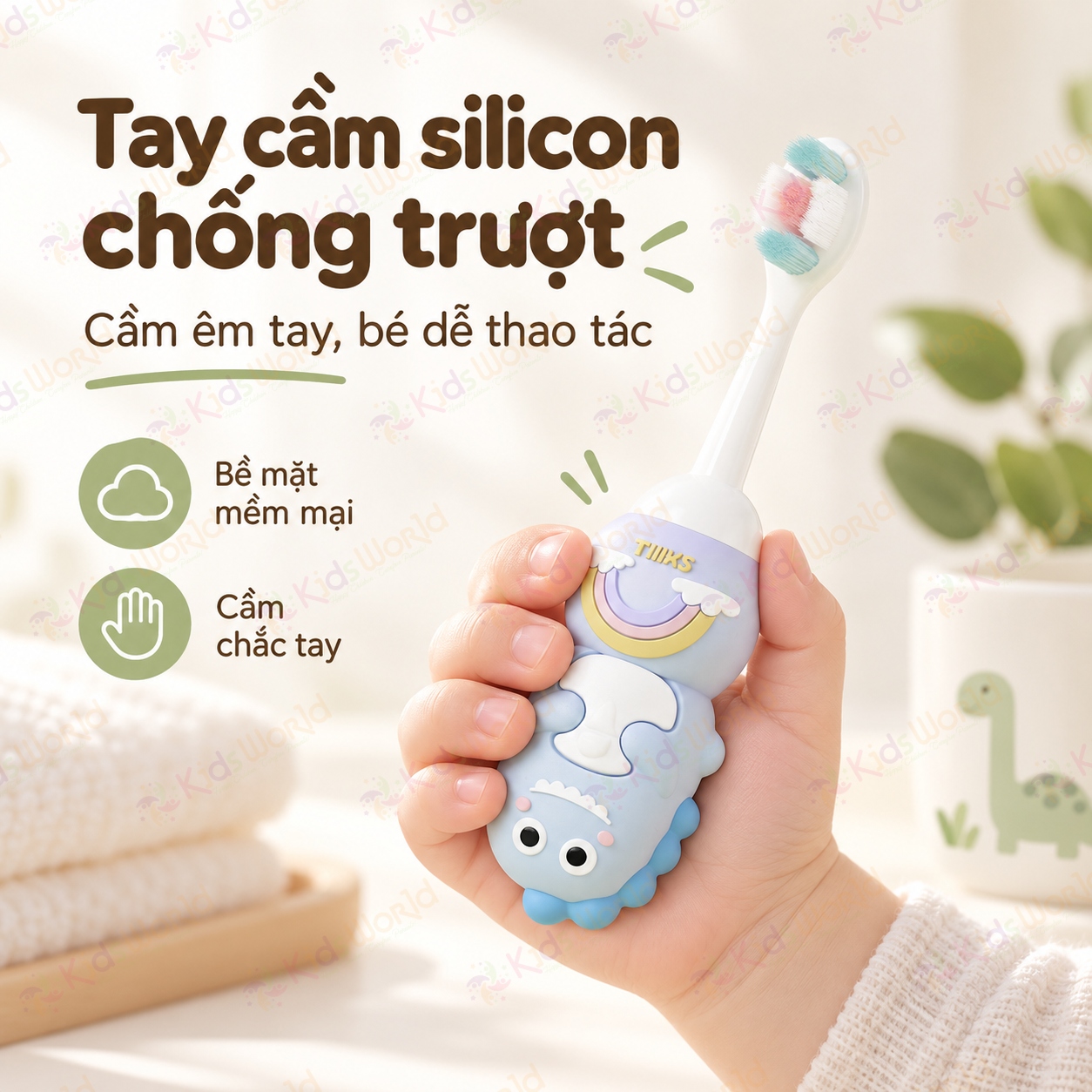Bàn chải đánh răng cho bé OralGos hình khủng long 0–6 tuổi, lông pbt siêu mềm 0.12mm, tay cầm chống trượt
