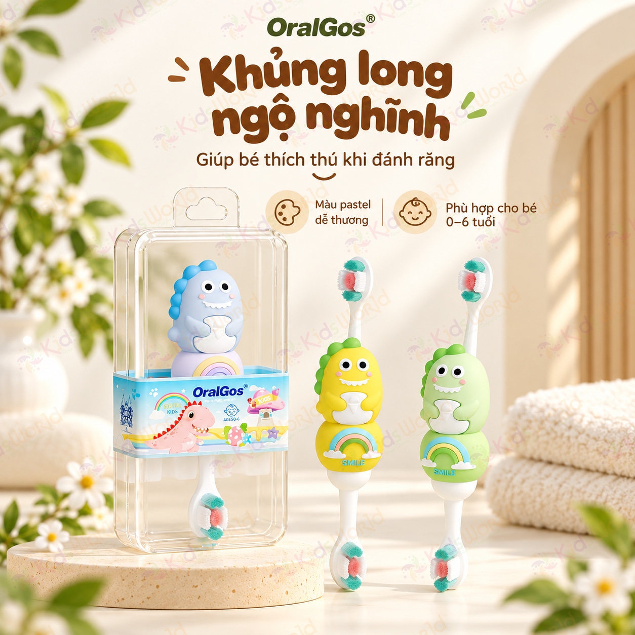 Bàn chải đánh răng cho bé OralGos hình khủng long 0–6 tuổi, lông pbt siêu mềm 0.12mm, tay cầm chống trượt