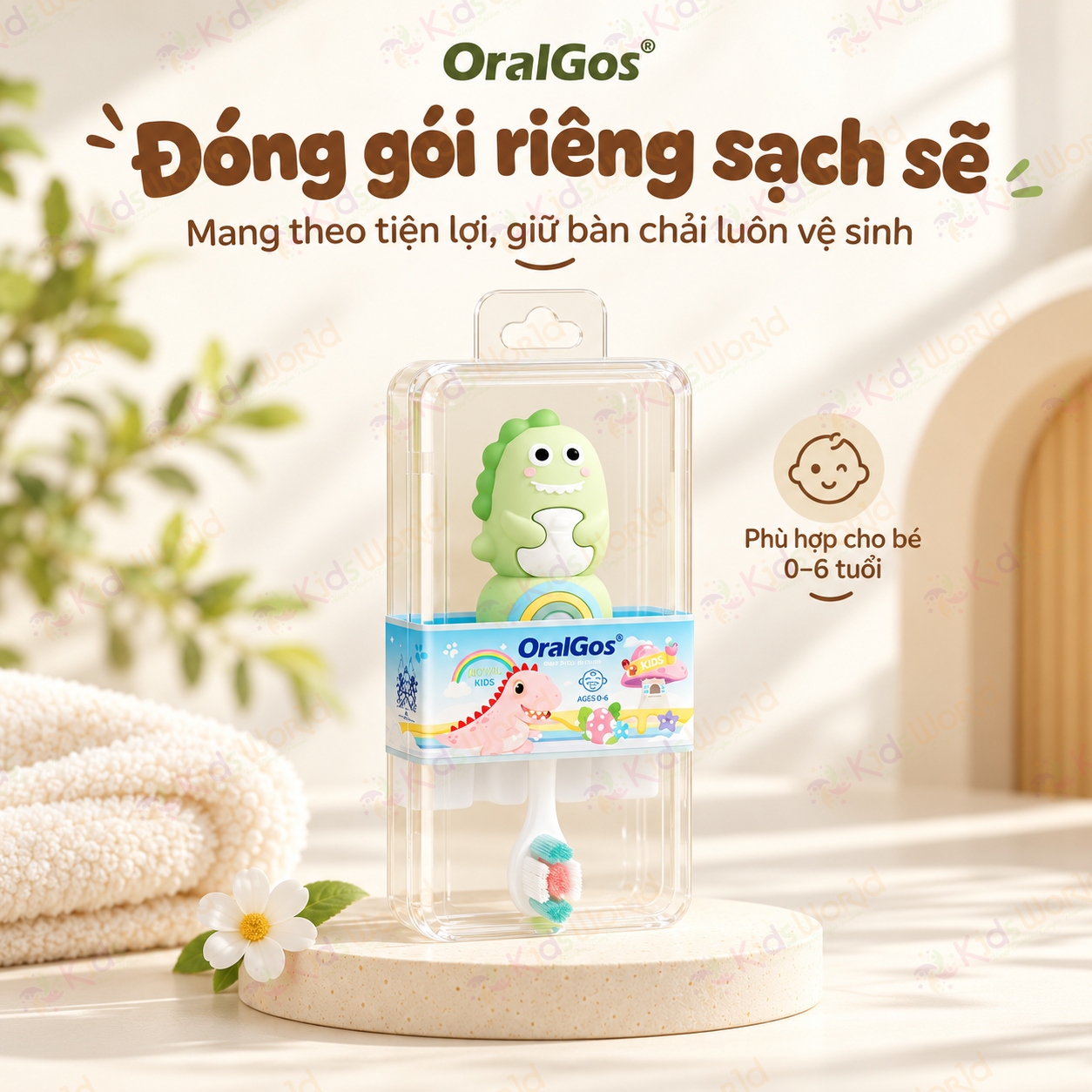 Bàn chải đánh răng cho bé OralGos hình khủng long 0–6 tuổi, lông pbt siêu mềm 0.12mm, tay cầm chống trượt