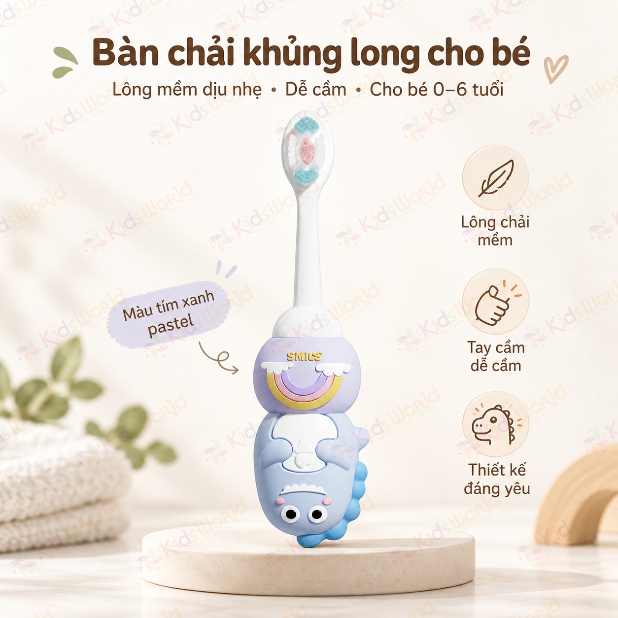 Bàn chải đánh răng cho bé OralGos hình khủng long 0–6 tuổi, lông pbt siêu mềm 0.12mm, tay cầm chống trượt