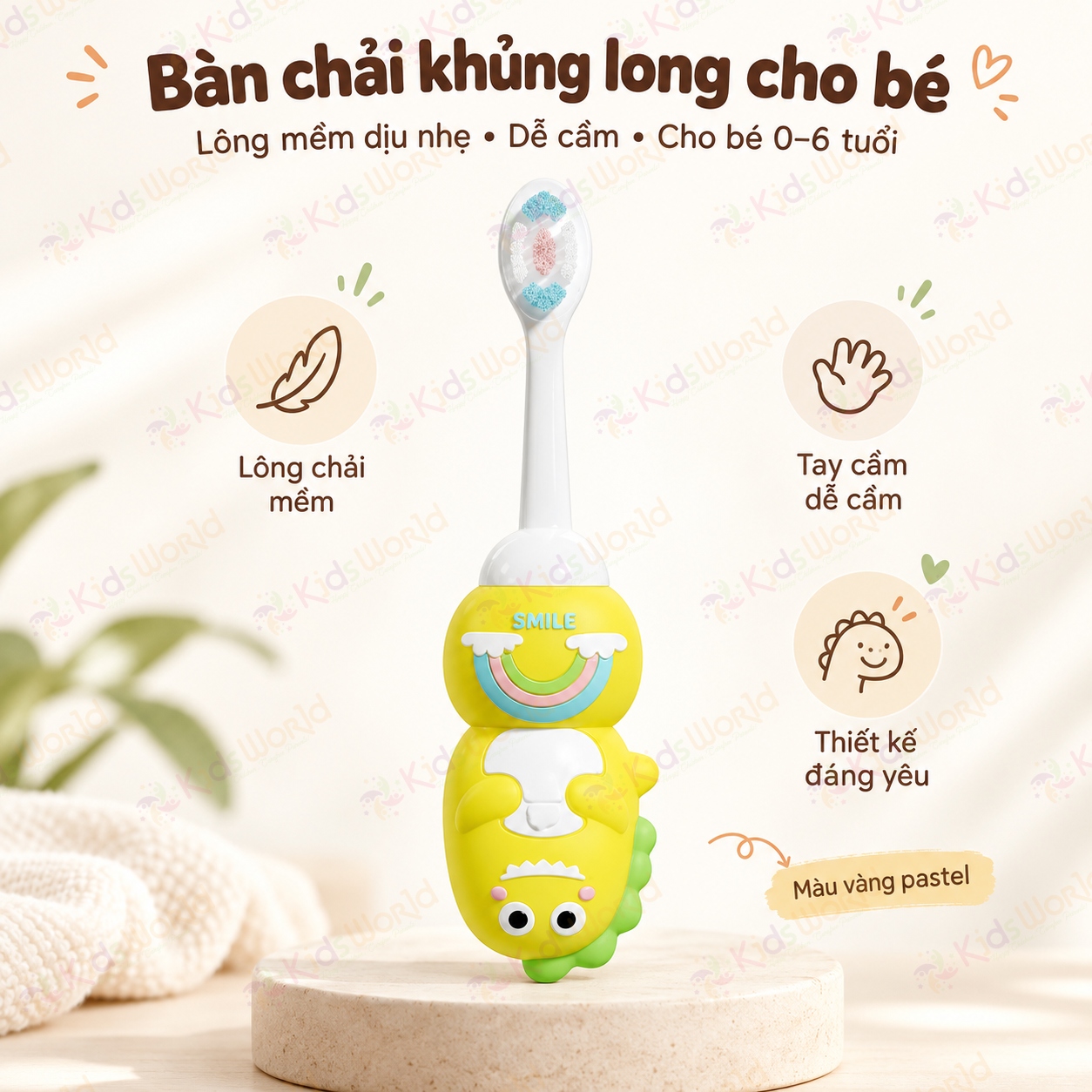 Bàn chải đánh răng cho bé OralGos hình khủng long 0–6 tuổi, lông pbt siêu mềm 0.12mm, tay cầm chống trượt