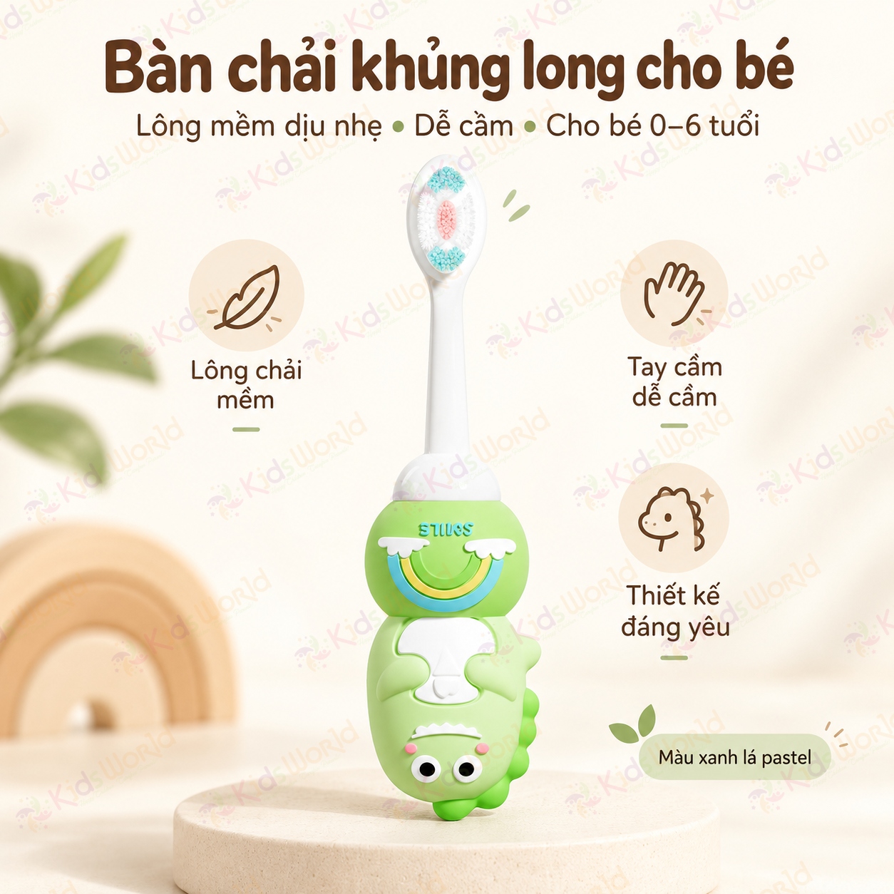 Bàn chải đánh răng cho bé OralGos hình khủng long 0–6 tuổi, lông pbt siêu mềm 0.12mm, tay cầm chống trượt