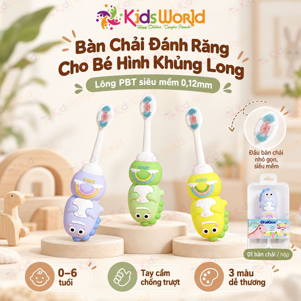 Bàn chải đánh răng cho bé OralGos hình khủng long 0–6 tuổi, lông pbt siêu mềm 0.12mm, tay cầm chống trượt