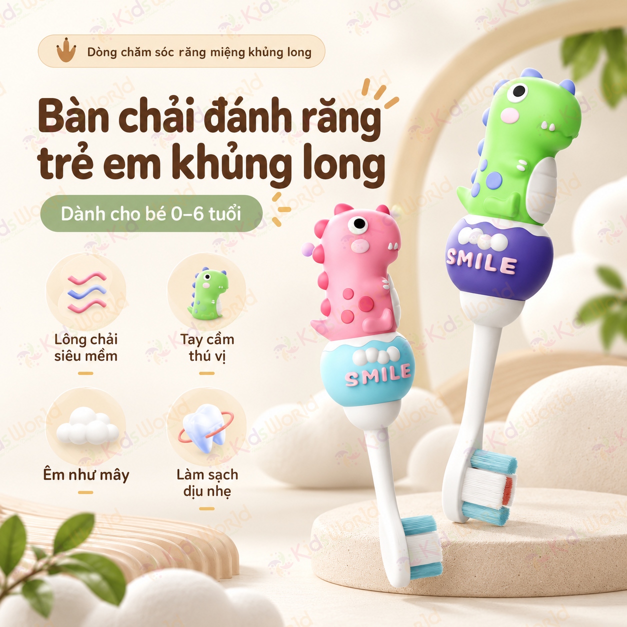 Bàn chải đánh răng cho bé SUREE hình khủng long 0–6 tuổi, lông bàn chải siêu mềm 0.12mm, vạch màu gợi ý lượng kem đánh răng
