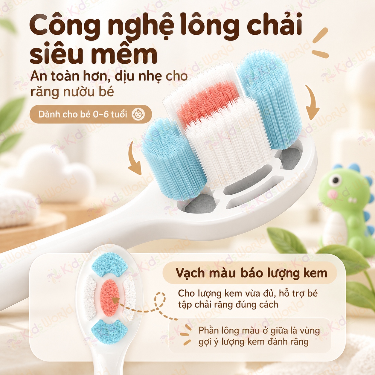 Bàn chải đánh răng cho bé SUREE hình khủng long 0–6 tuổi, lông bàn chải siêu mềm 0.12mm, vạch màu gợi ý lượng kem đánh răng