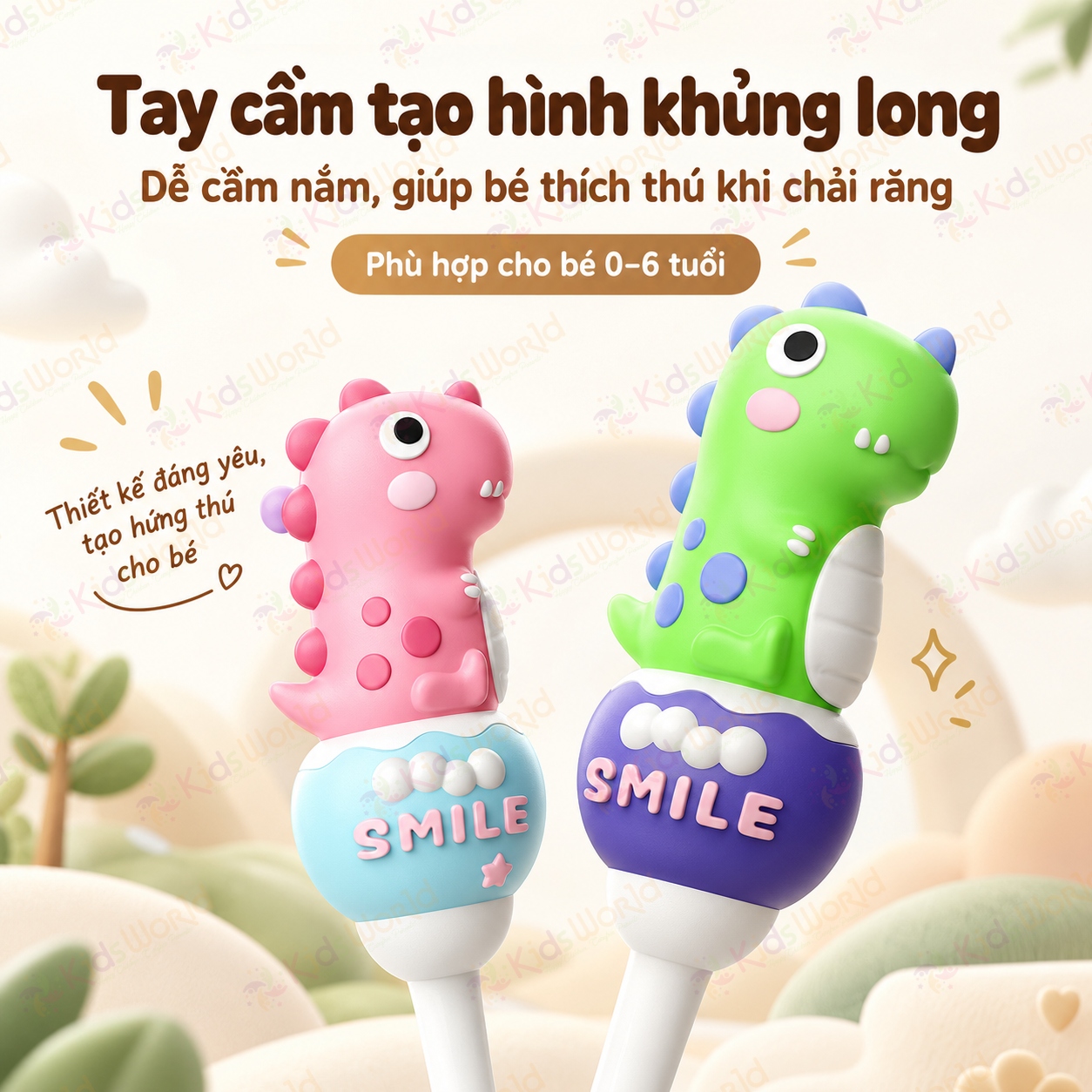 Bàn chải đánh răng cho bé SUREE hình khủng long 0–6 tuổi, lông bàn chải siêu mềm 0.12mm, vạch màu gợi ý lượng kem đánh răng
