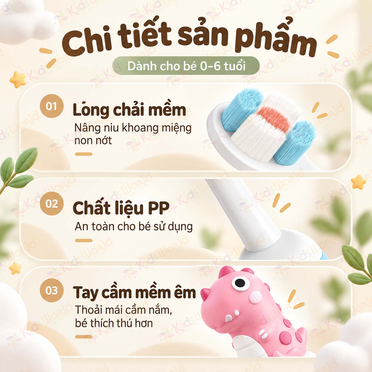 Bàn chải đánh răng cho bé SUREE hình khủng long 0–6 tuổi, lông bàn chải siêu mềm 0.12mm, vạch màu gợi ý lượng kem đánh răng