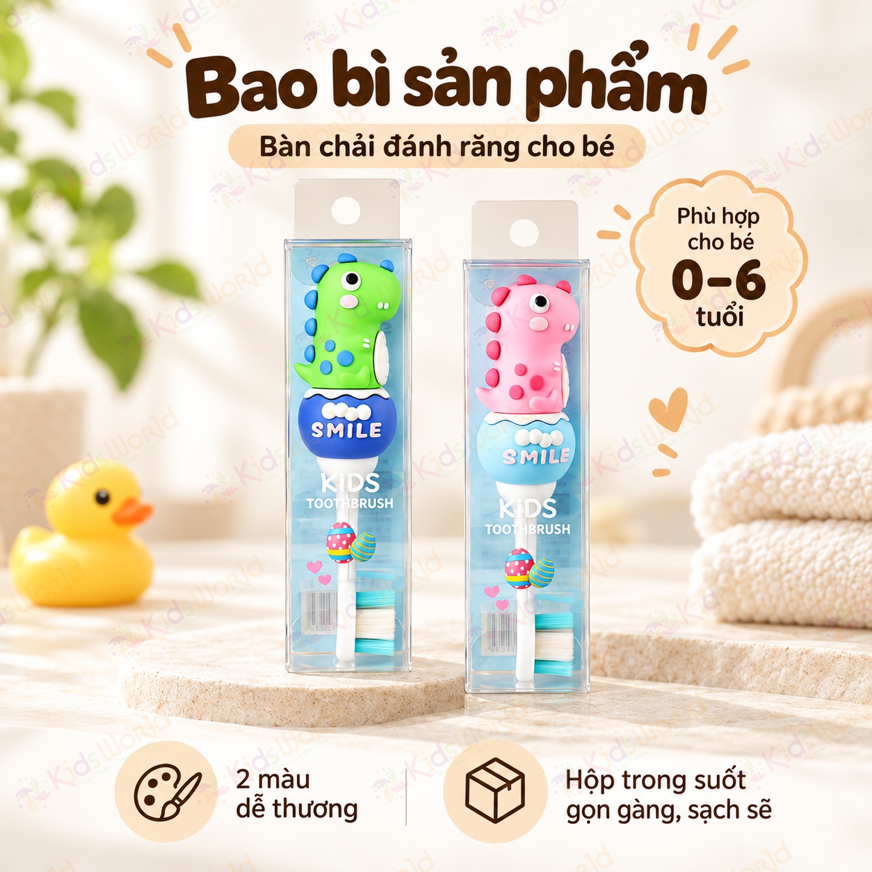Bàn chải đánh răng cho bé SUREE hình khủng long 0–6 tuổi, lông bàn chải siêu mềm 0.12mm, vạch màu gợi ý lượng kem đánh răng