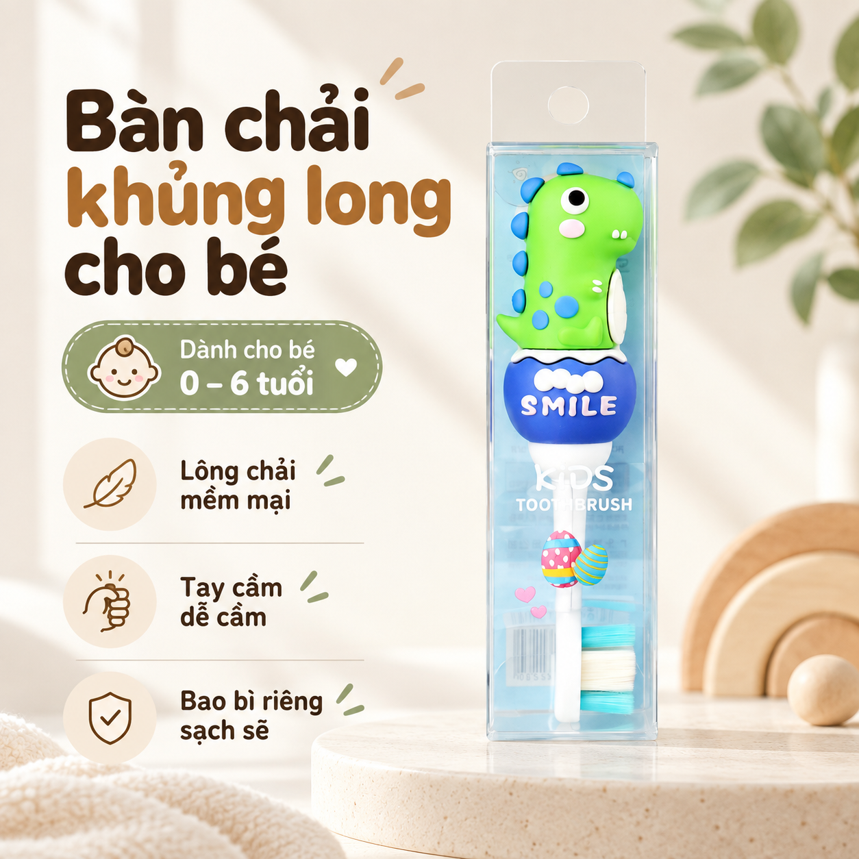Bàn chải đánh răng cho bé SUREE hình khủng long 0–6 tuổi, lông bàn chải siêu mềm 0.12mm, vạch màu gợi ý lượng kem đánh răng