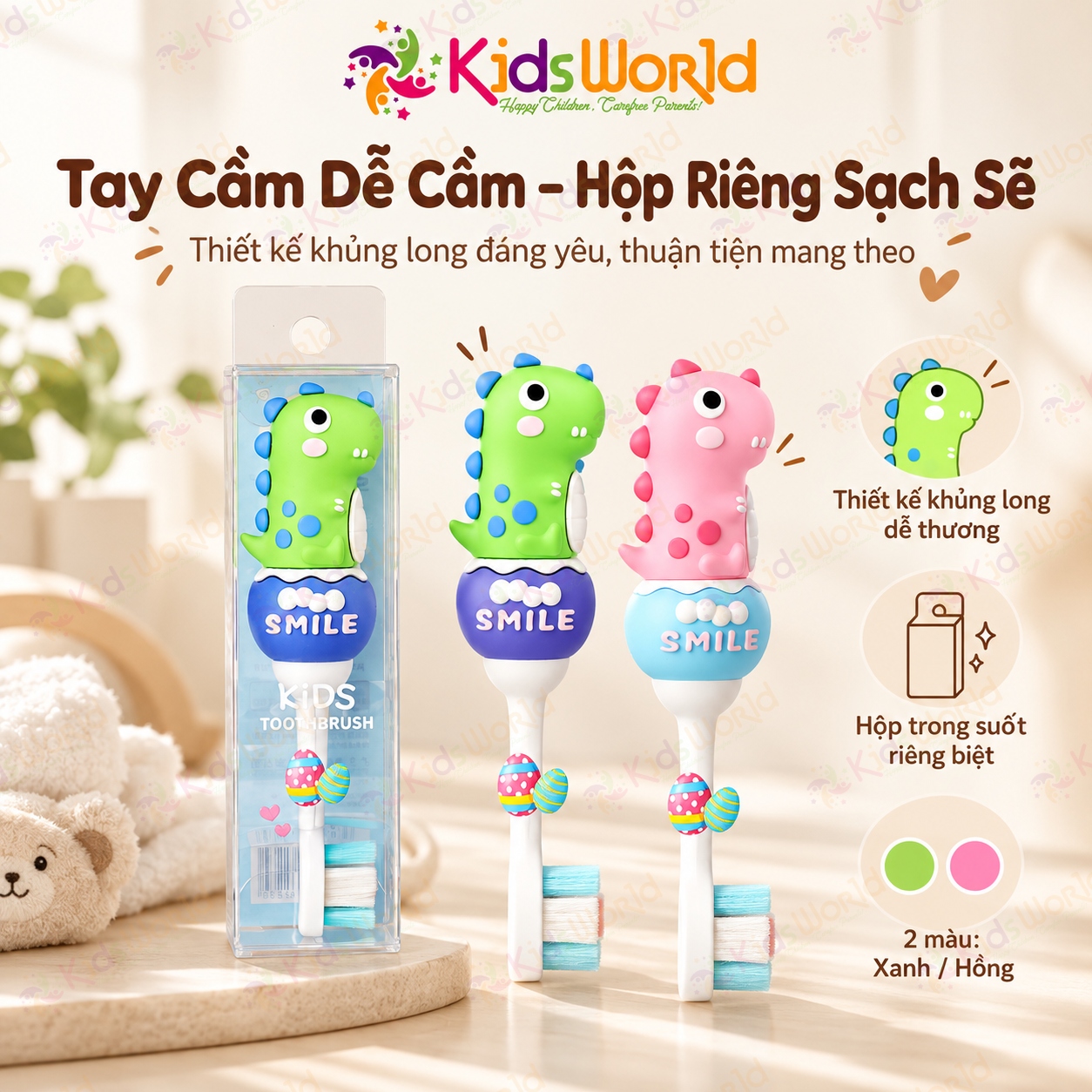Bàn chải đánh răng cho bé SUREE hình khủng long 0–6 tuổi, lông bàn chải siêu mềm 0.12mm, vạch màu gợi ý lượng kem đánh răng