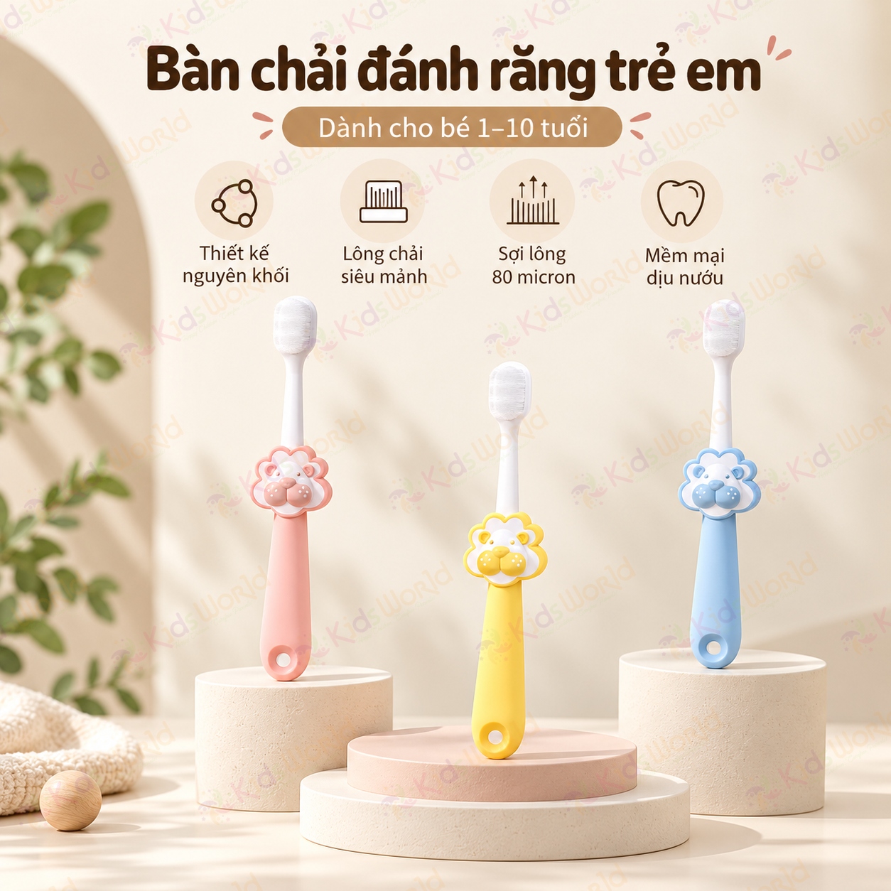Bàn chải đánh răng cho bé hình sư tử 1–10 tuổi, lông siêu mềm 80 micron, tay cầm chống trượt
