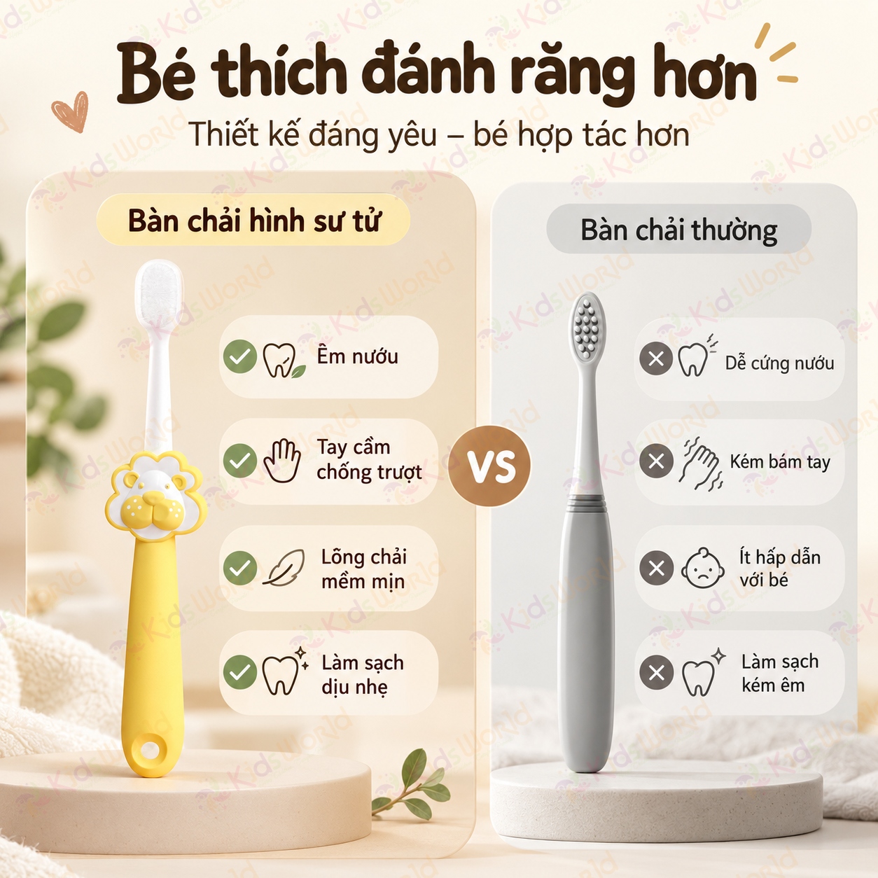 Bàn chải đánh răng cho bé hình sư tử 1–10 tuổi, lông siêu mềm 80 micron, tay cầm chống trượt