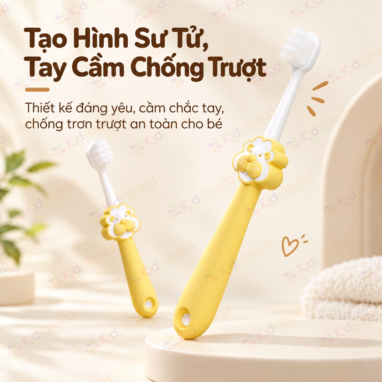 Bàn chải đánh răng cho bé hình sư tử 1–10 tuổi, lông siêu mềm 80 micron, tay cầm chống trượt