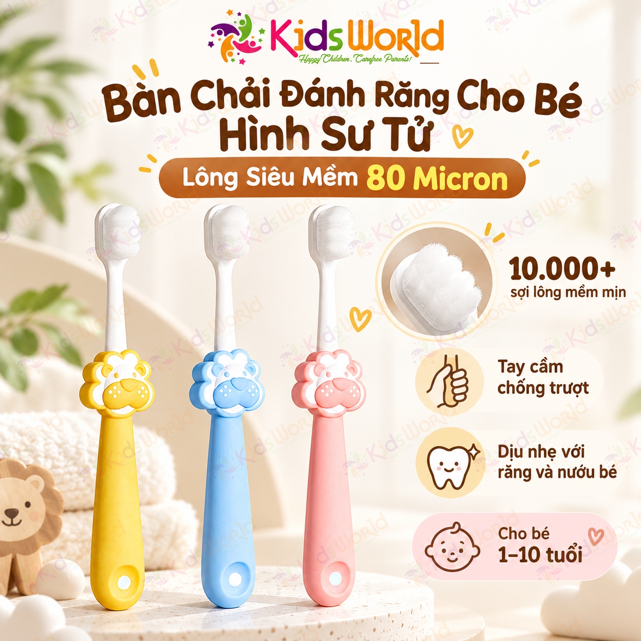Bàn chải đánh răng cho bé hình sư tử 1–10 tuổi, lông siêu mềm 80 micron, tay cầm chống trượt
