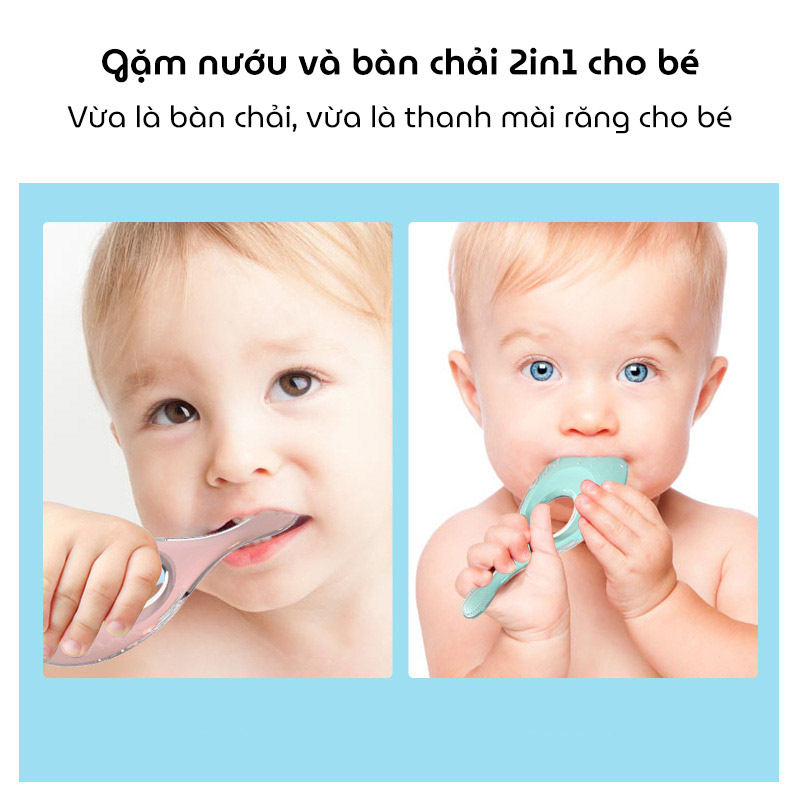 Bàn chải đánh răng kết hợp gặm nướu 2in1 chất liệu silicon thực phẩm mềm mại với vòng chắn hình hoa ngăn không cho bé thọc sâu
