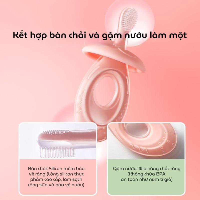 Bàn chải đánh răng kết hợp gặm nướu 2in1 chất liệu silicon thực phẩm mềm mại với vòng chắn hình hoa ngăn không cho bé thọc sâu