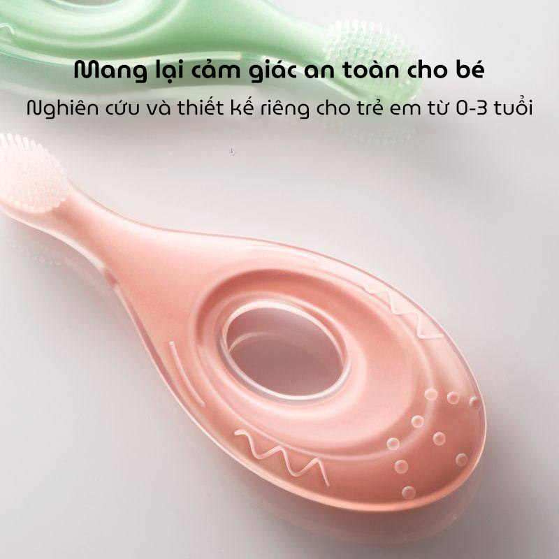 Bàn chải đánh răng kết hợp gặm nướu 2in1 chất liệu silicon thực phẩm mềm mại với vòng chắn hình hoa ngăn không cho bé thọc sâu