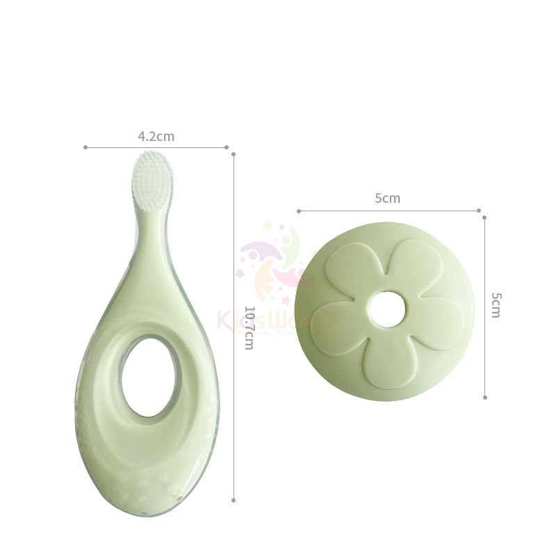 Bàn chải đánh răng kết hợp gặm nướu 2in1 chất liệu silicon thực phẩm mềm mại với vòng chắn hình hoa ngăn không cho bé thọc sâu