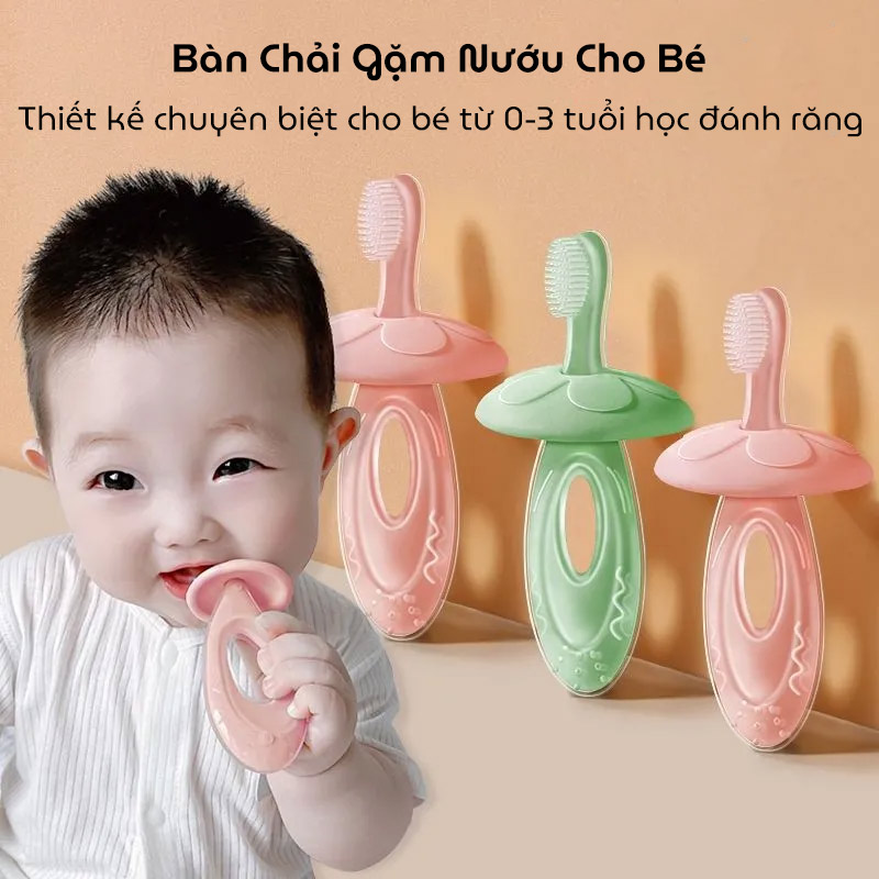 Bàn chải đánh răng kết hợp gặm nướu 2in1 chất liệu silicon thực phẩm mềm mại với vòng chắn hình hoa ngăn không cho bé thọc sâu